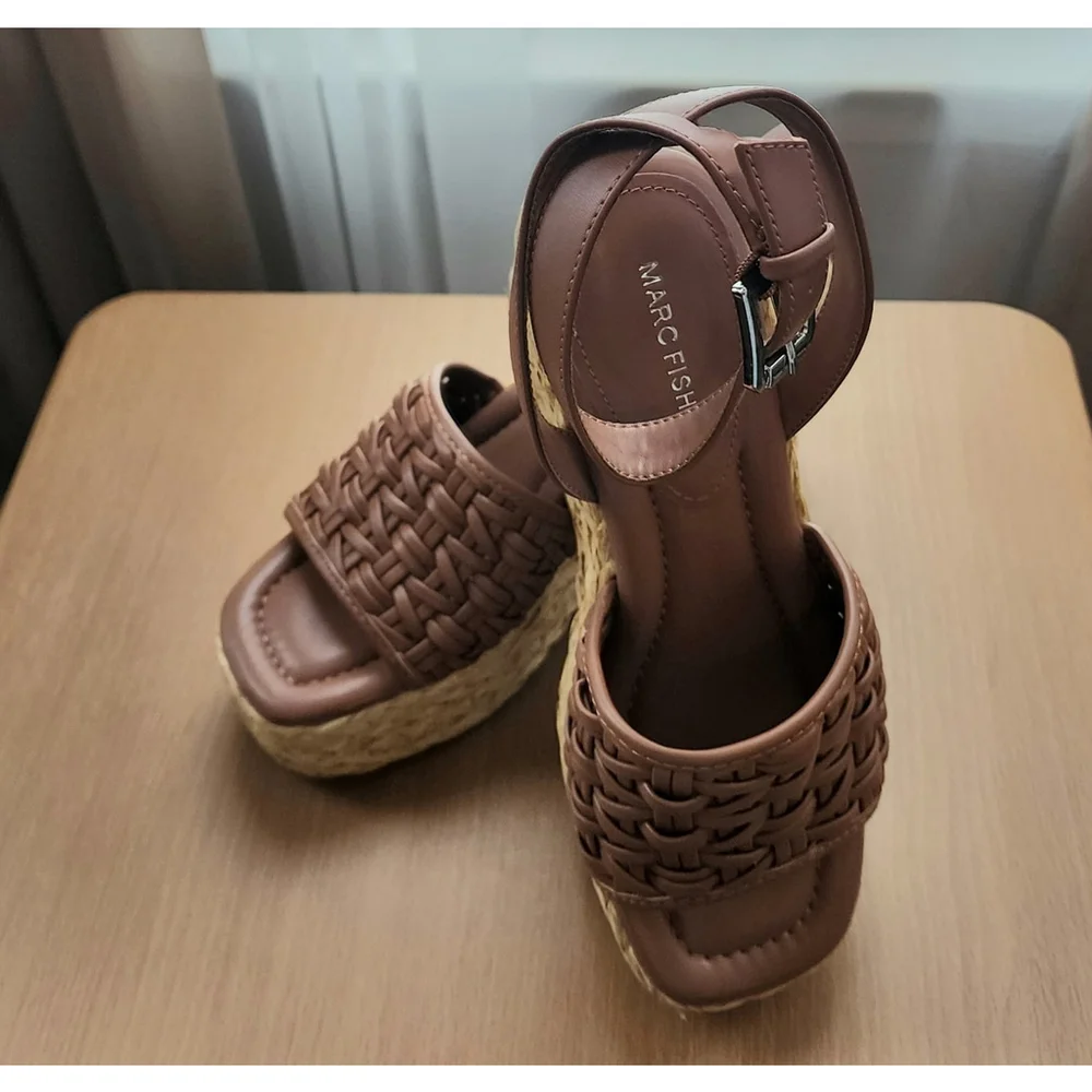 Marc Fisher Women Braided Raffia Chunky Platform Sandals 10 M Cognac Brown